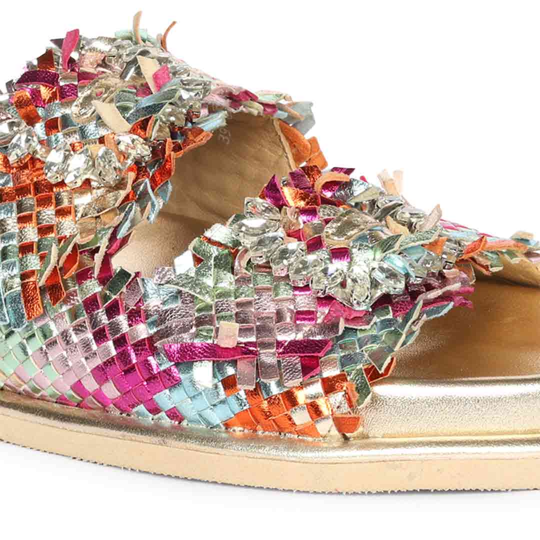 Multicolour woven leather strap detail, Saint Nuala footbed sandal