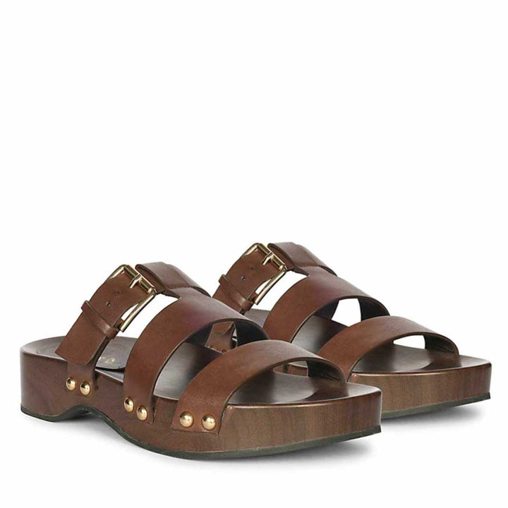 Saint Valene brown leather buckle platform sandal, angled view