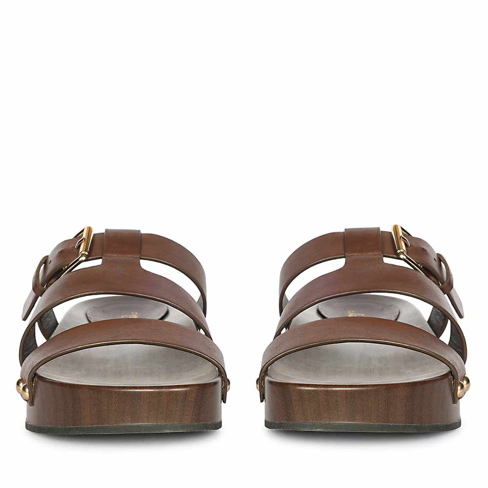 Saint Valene brown leather buckle platform sandal, wood base, front view