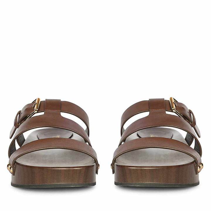 Saint Valene brown leather buckle platform sandal, wood base, front view