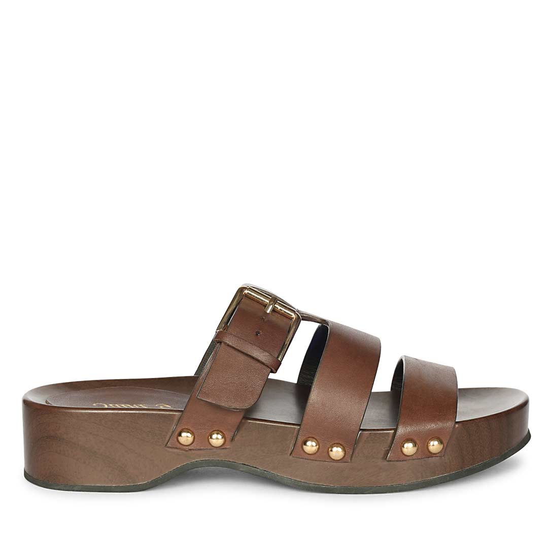 Saint Valene brown leather buckle platform sandal, wood base, side view