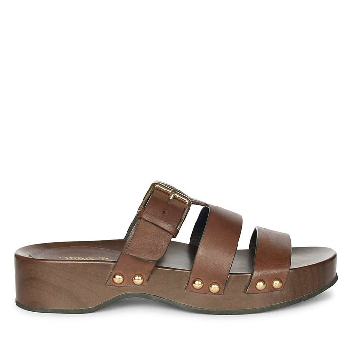 Saint Valene brown leather buckle platform sandal, wood base, side view