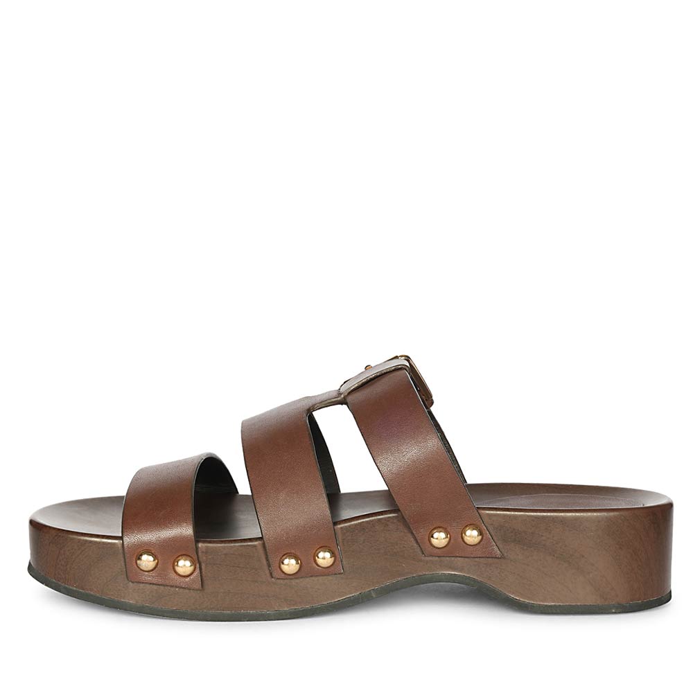 Saint Valene brown leather triple-strap platform clog sandal, side view