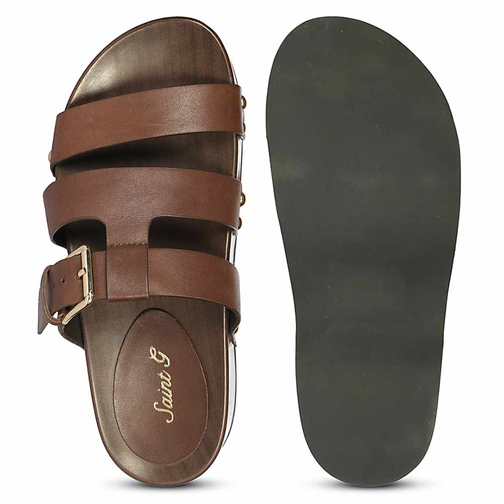 Saint Valene brown leather platform sandal, Saint G branded footbed sole