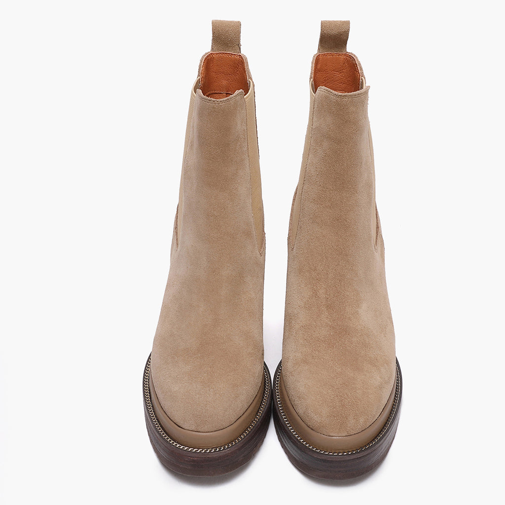 Sand suede wedge ankle boots for women, front angled view