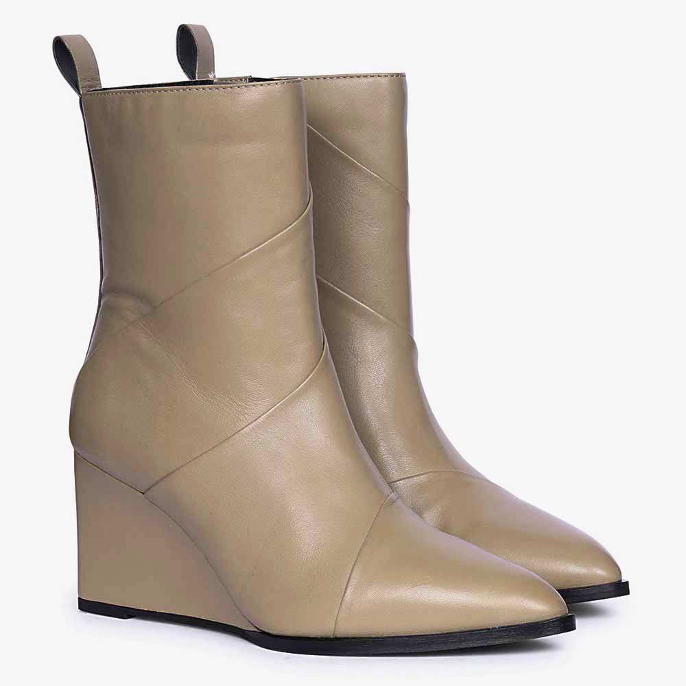 Stone leather wedge ankle boots for women with folded top detail, angled view