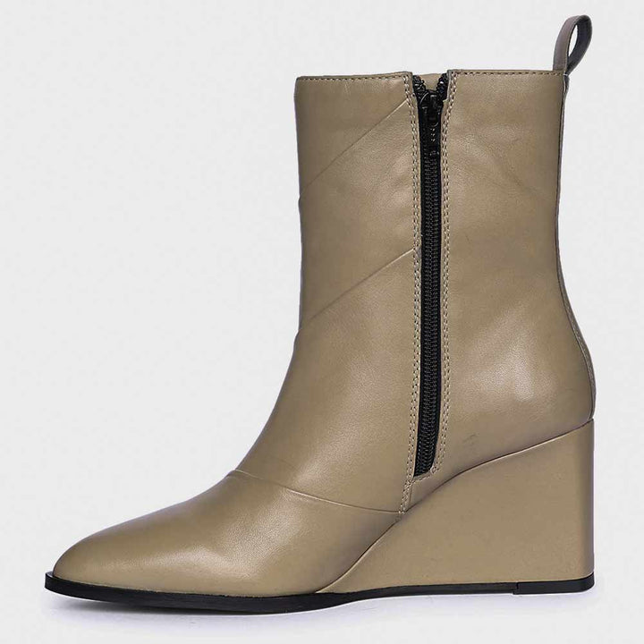 Womens stone leather wedge ankle boots with side zip, side view