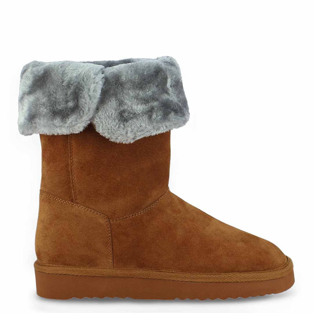Chic Saint Aurelia Tan Suede Snug Boots with Buckle Detail - Stylish and comfortable leather footwear for a fashionable look