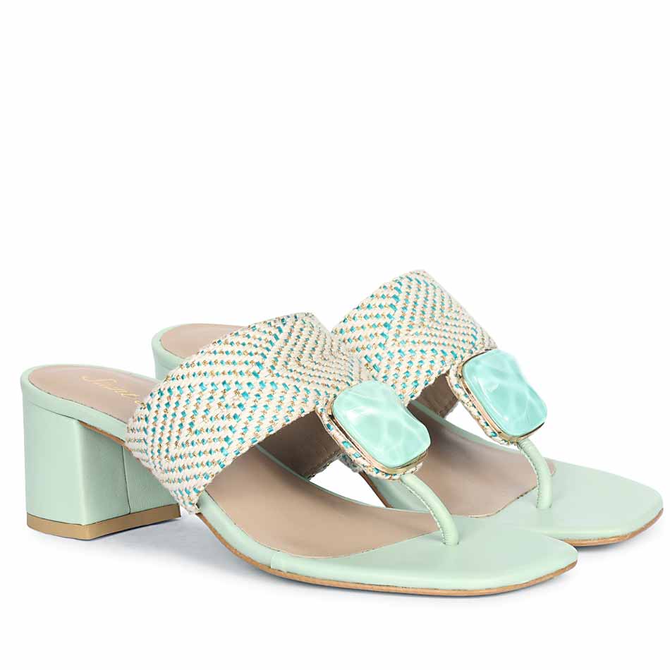 Stone Jeweled Turquoise Block Heel Sandals