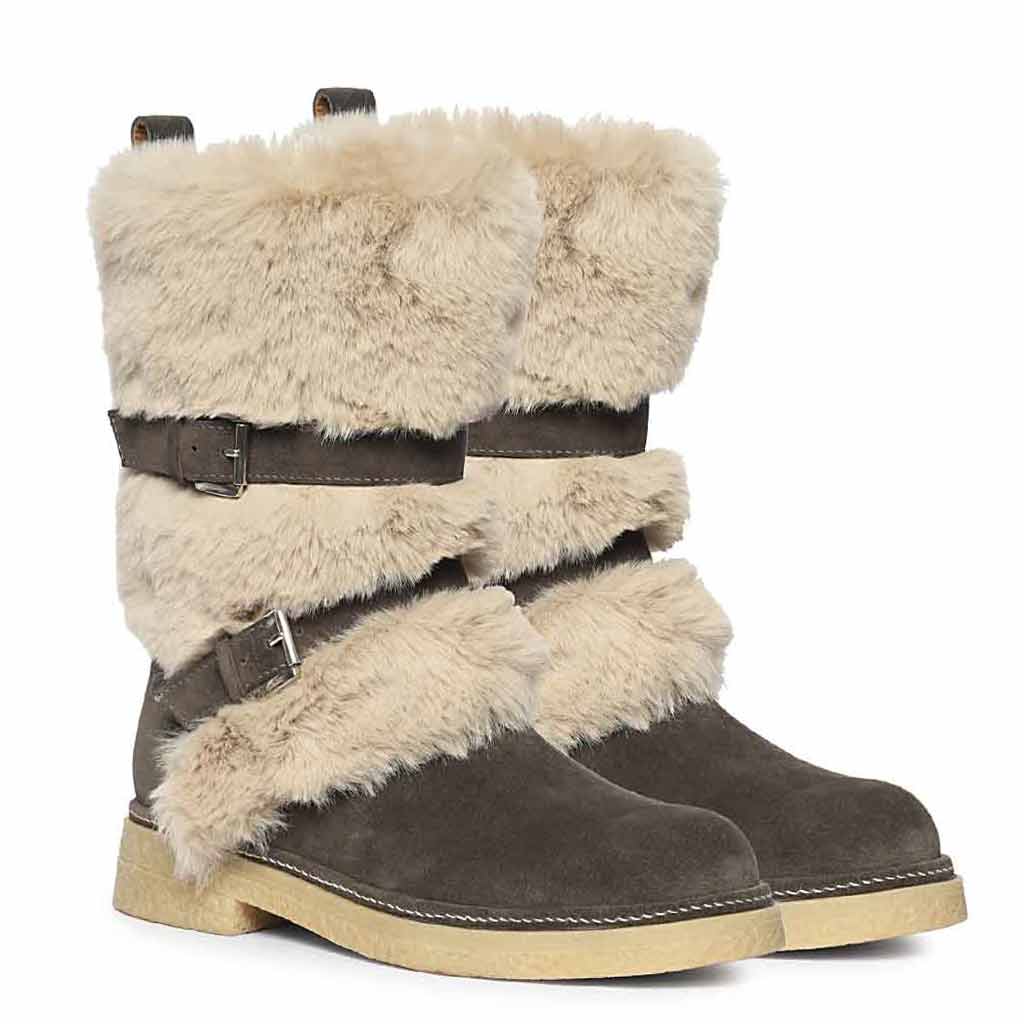 Saint Montova Charcoal Leather Shearling Buckle Fur Boots