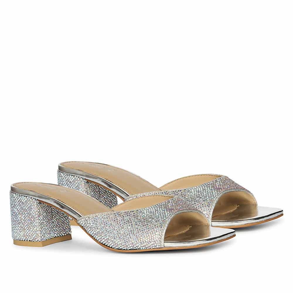 Silver Crystal Embellished Heel Sandals