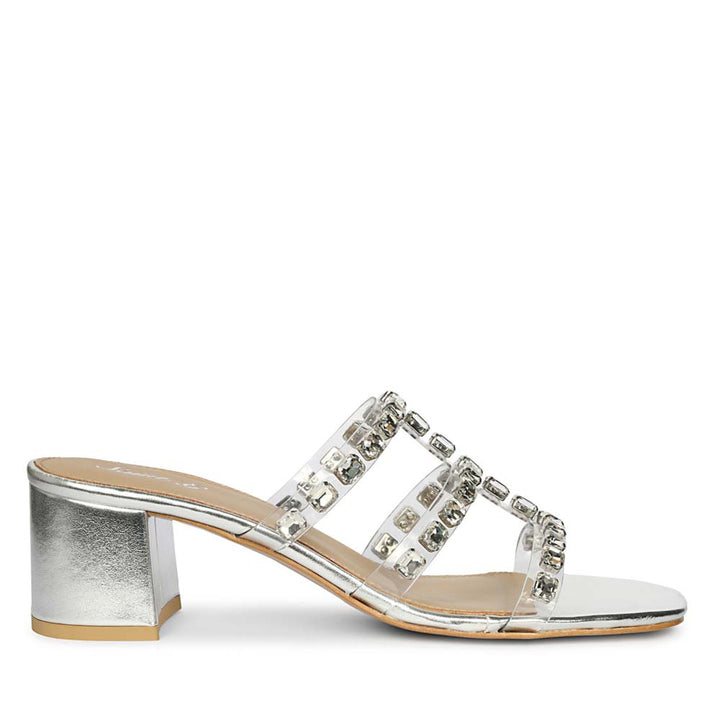 Silver Stone Embellished Block Heels