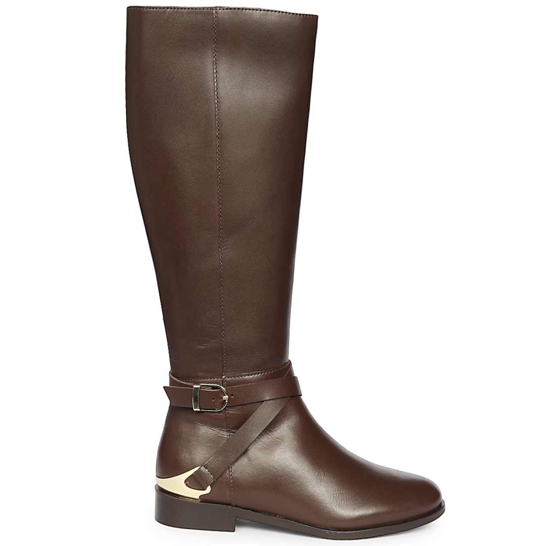 Saint Damaris Brown Leather Buckle Decor Knee High Boots