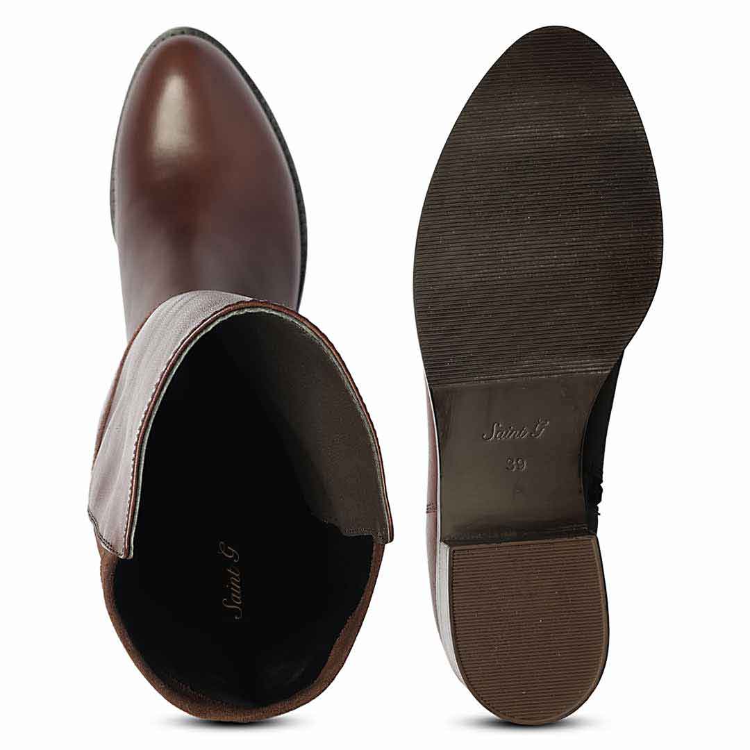 Saint Damaris Brown Leather Buckle Decor Knee High Boots