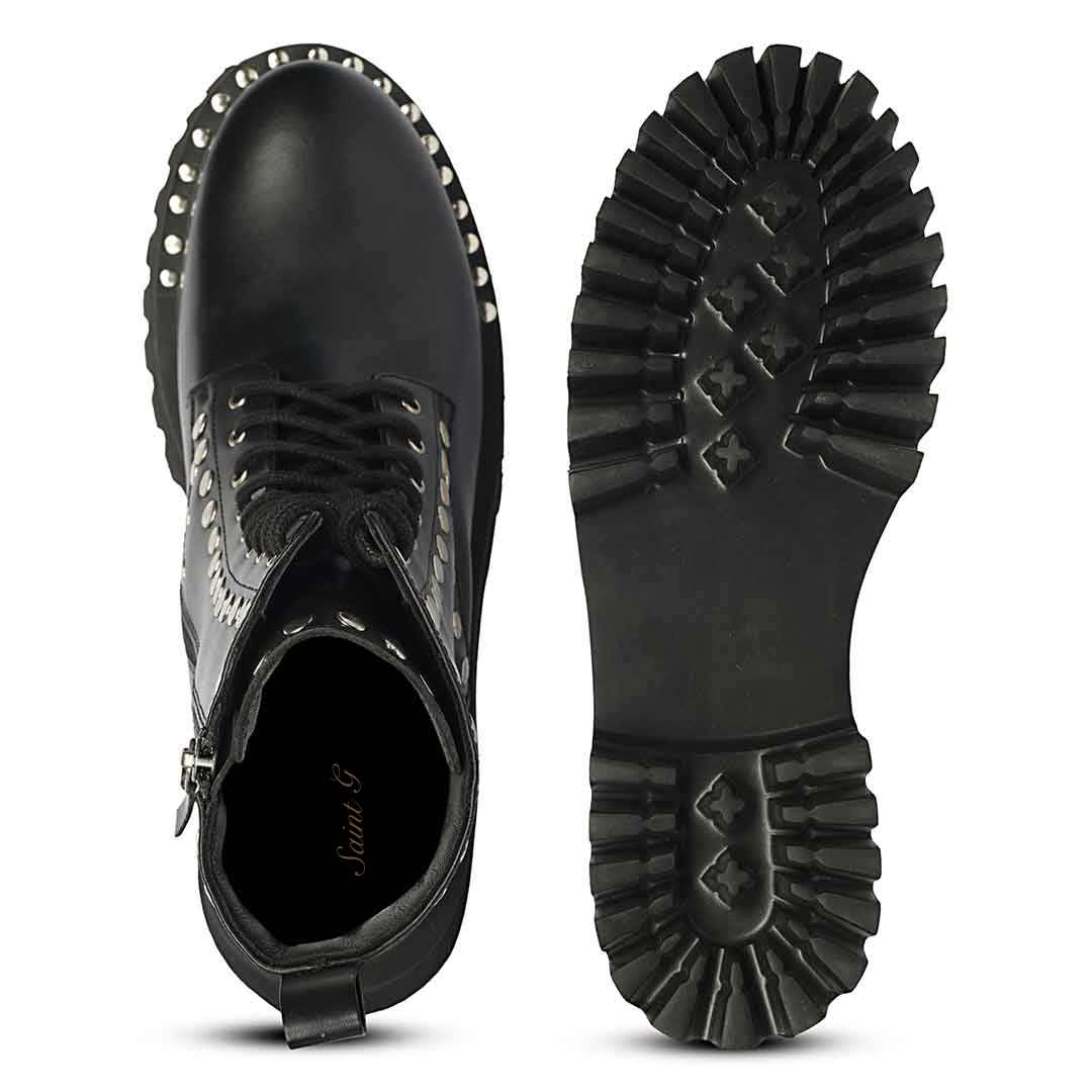 Saint Natalie Metal Studs Lace Up High Ankle Leather Boots