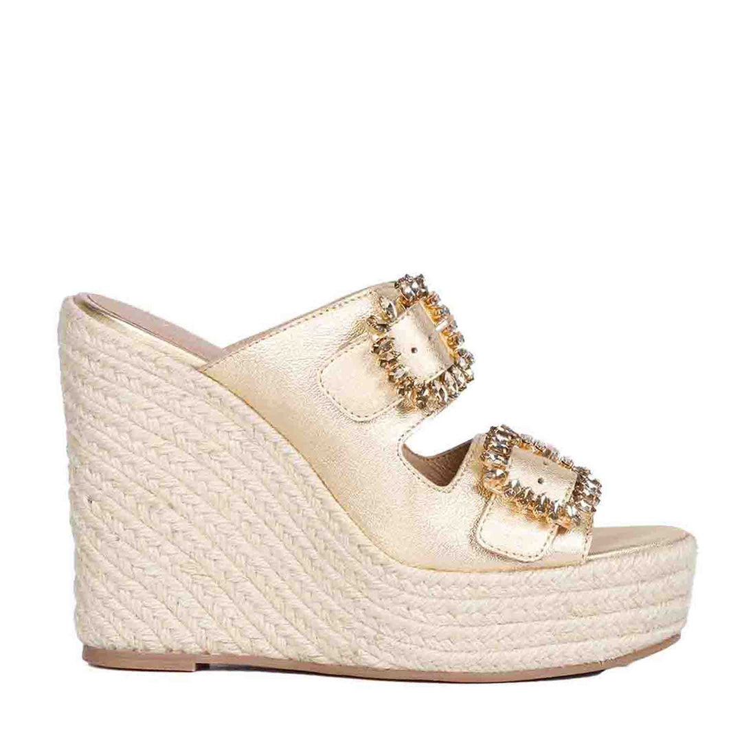 Saint Floriana Stone Embellished Gold Metallic Leather Wedge