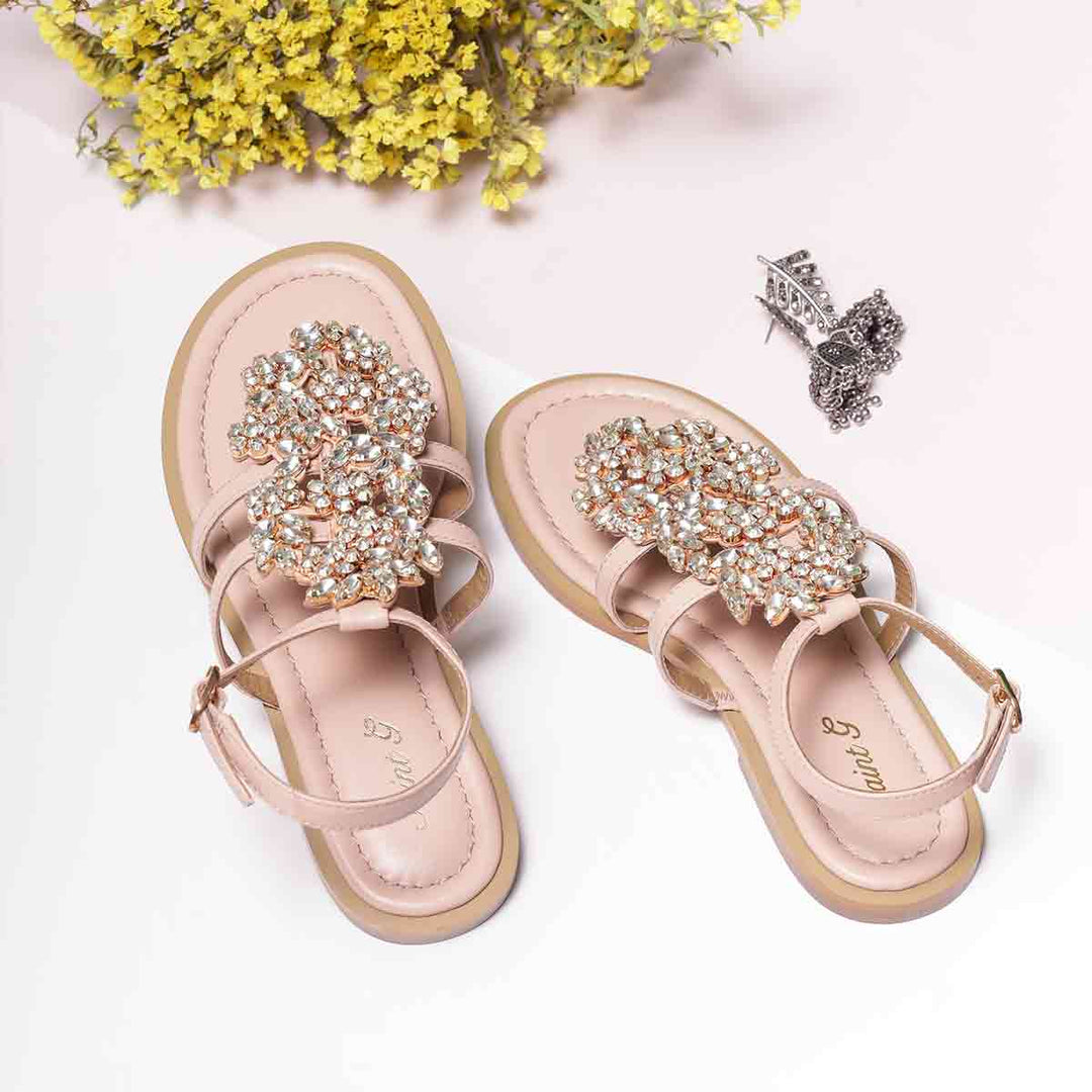 Saint Jenna Silver Stone Adorned Pink Leather Flat Sandals