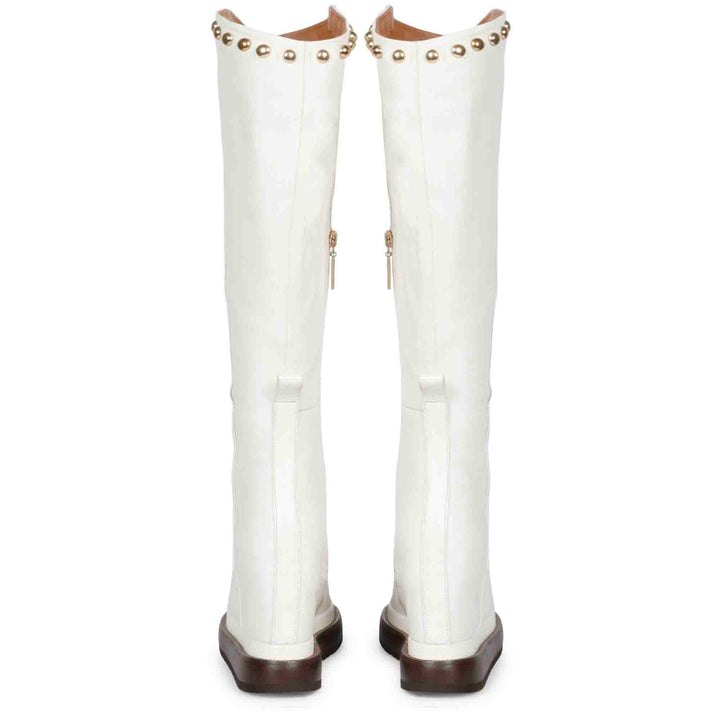Pair of white leather wedge long boots for women, back view