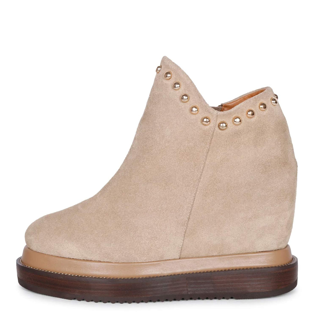 Womens beige suede wedge ankle boots, side view