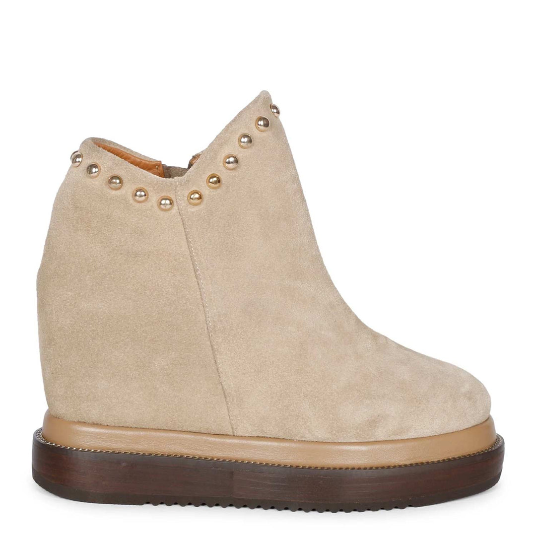 Womens beige suede wedge ankle boots with stud detail, side view