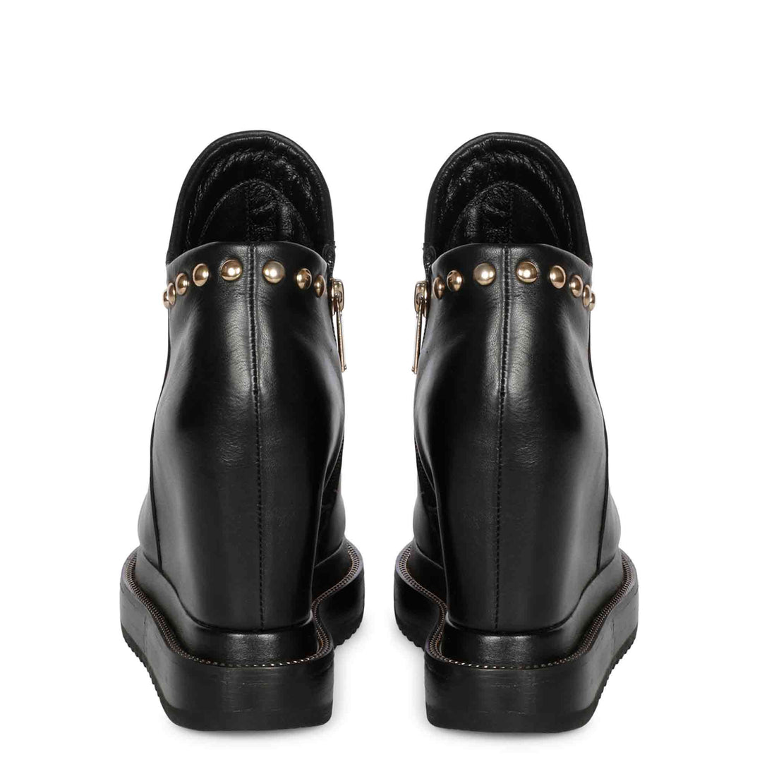 Pair of womens black leather wedge ankle boots, back view