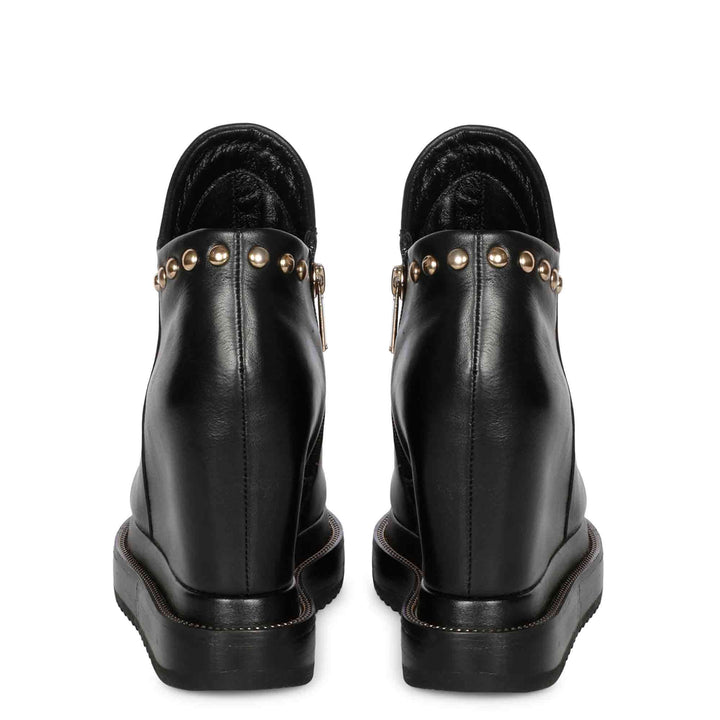 Pair of womens black leather wedge ankle boots, back view