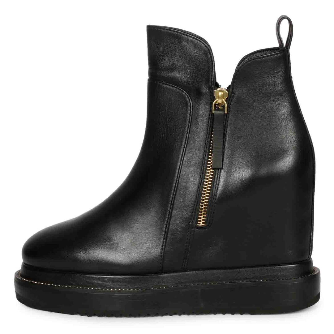 Womens black leather wedge ankle boots, side view
