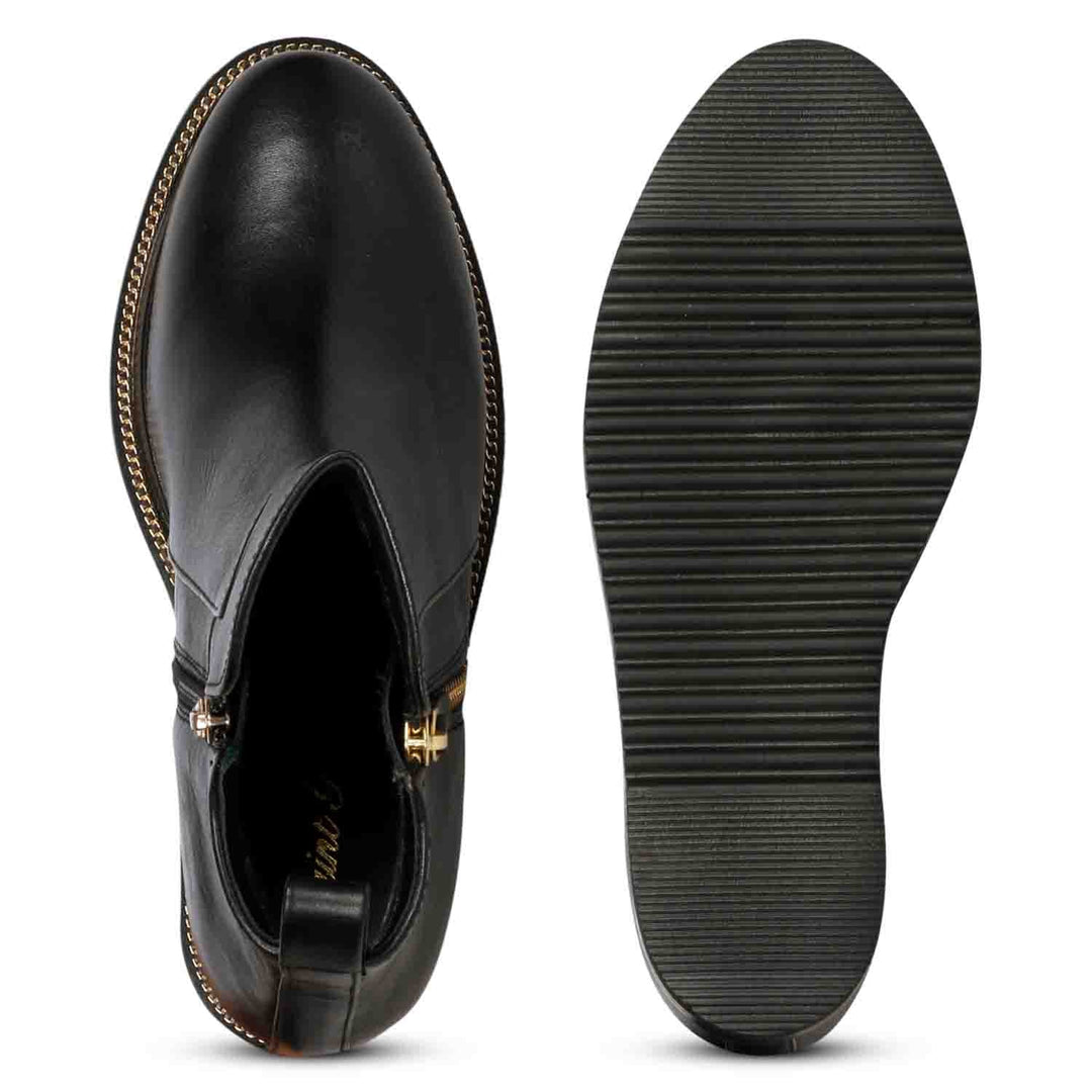 Sole and inside wedge of womens black leather ankle boots