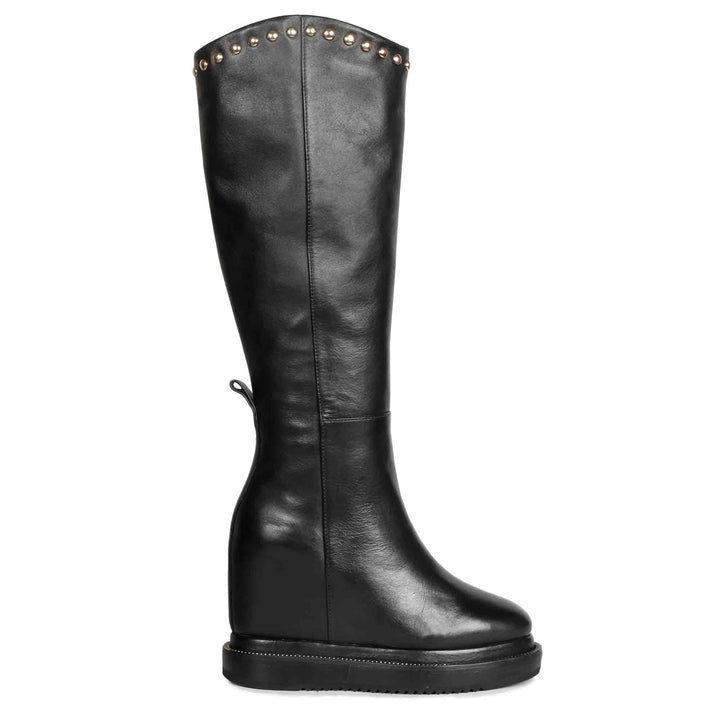 Womens black studded leather wedge long boots, side view