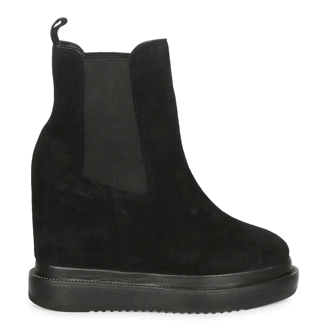 Womens black wedge ankle boots with elastic side panel, side view