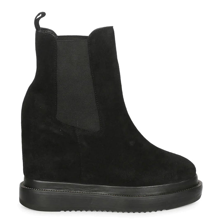 Womens black wedge ankle boots with elastic side panel, side view