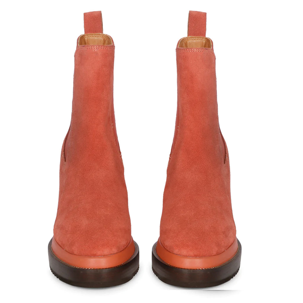 Womens coral suede wedge ankle boots, front view