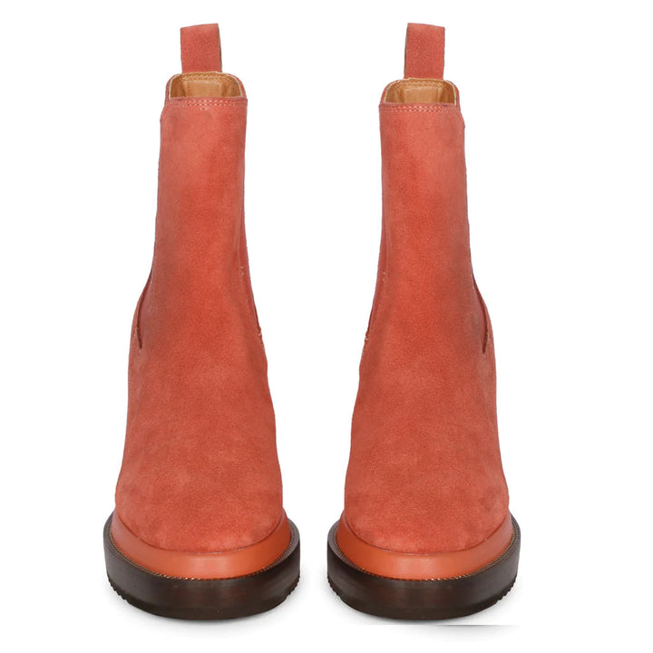Womens coral suede wedge ankle boots, front view