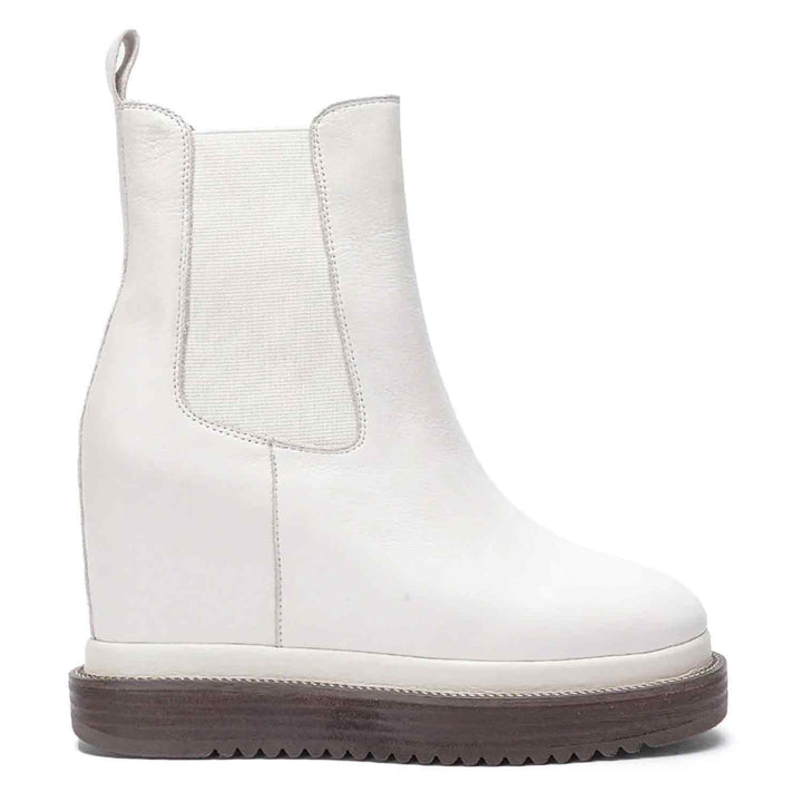 Womens off-white leather wedge ankle boots, side view