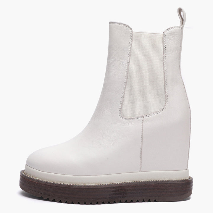Womens off-white leather wedge ankle boots, side view