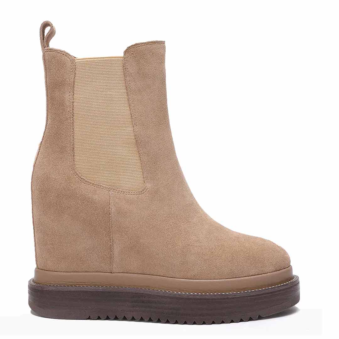 Womens sand suede wedge ankle boots, side view