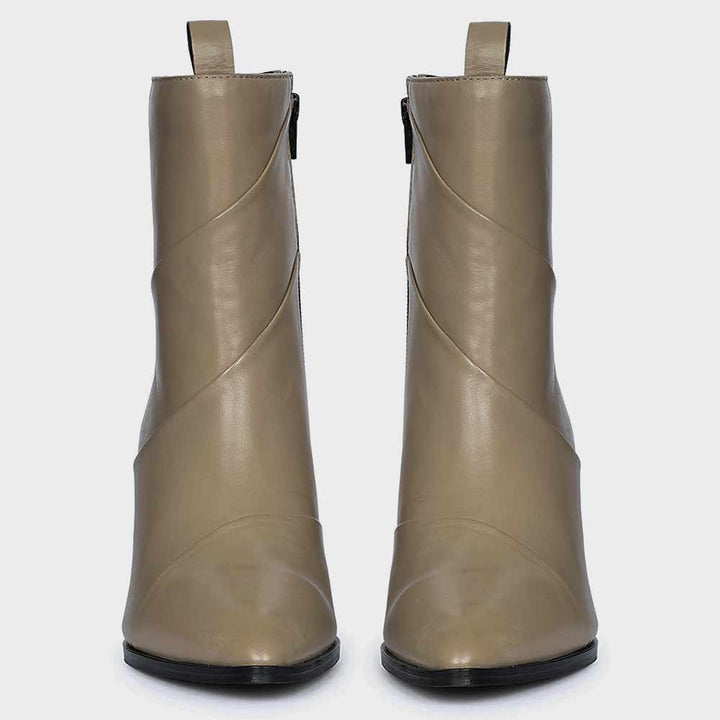 Pair of womens stone leather wedge ankle boots, front view