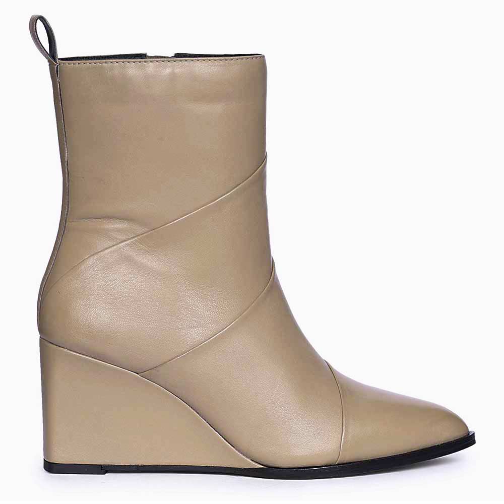 Womens stone leather wedge ankle boots with pointed toe and folded detail, side view