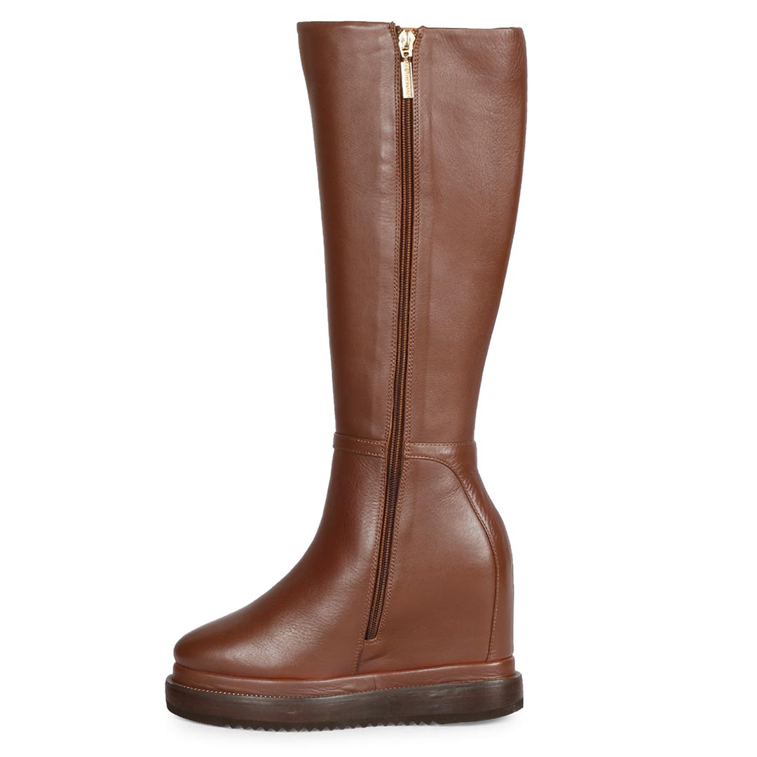 Womens tan leather wedge long boots with chain detail, left view