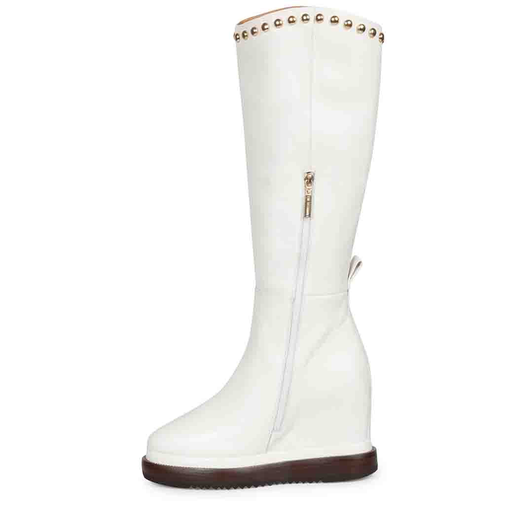 Womens white leather studded wedge long boots, side view