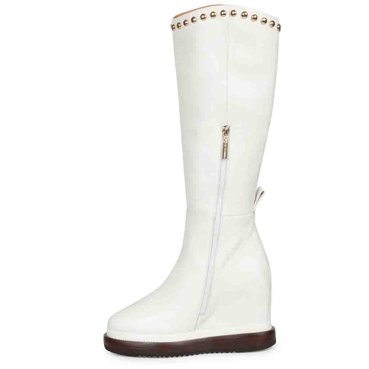 Womens white leather studded wedge long boots, side view