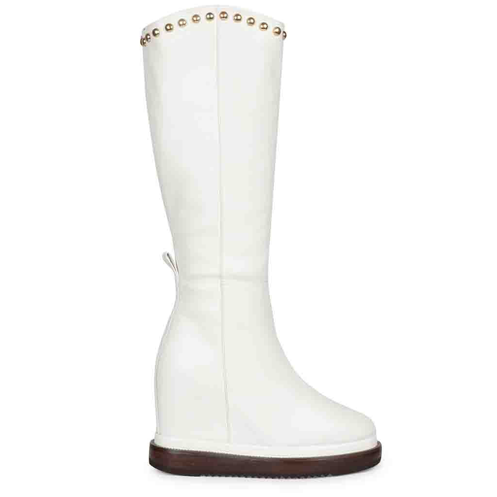 Womens white leather studded wedge long boots, side view