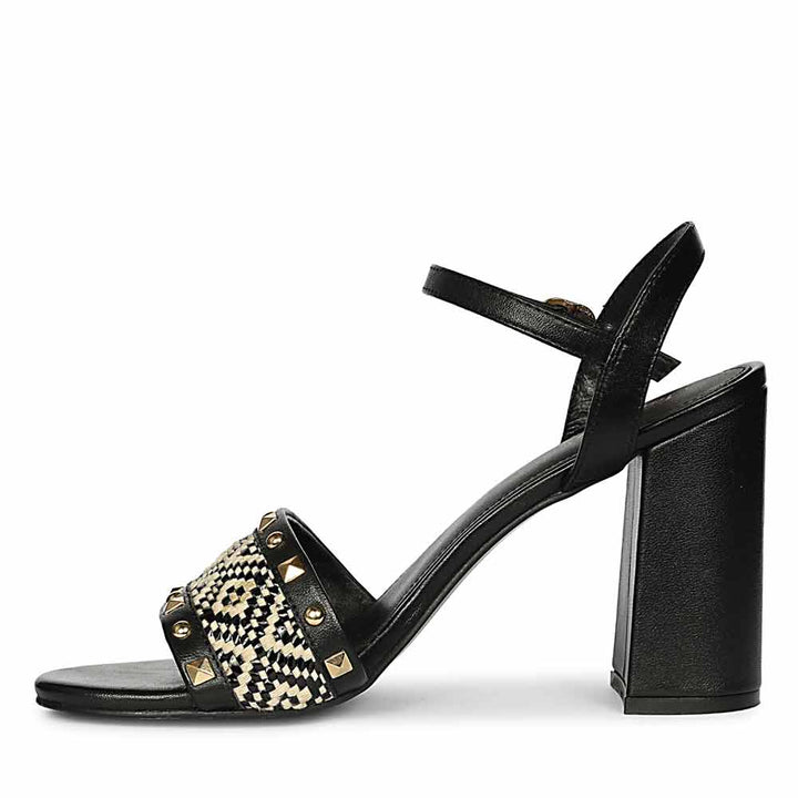 Saint Auric Black Leather Rafia Stud Block Heels