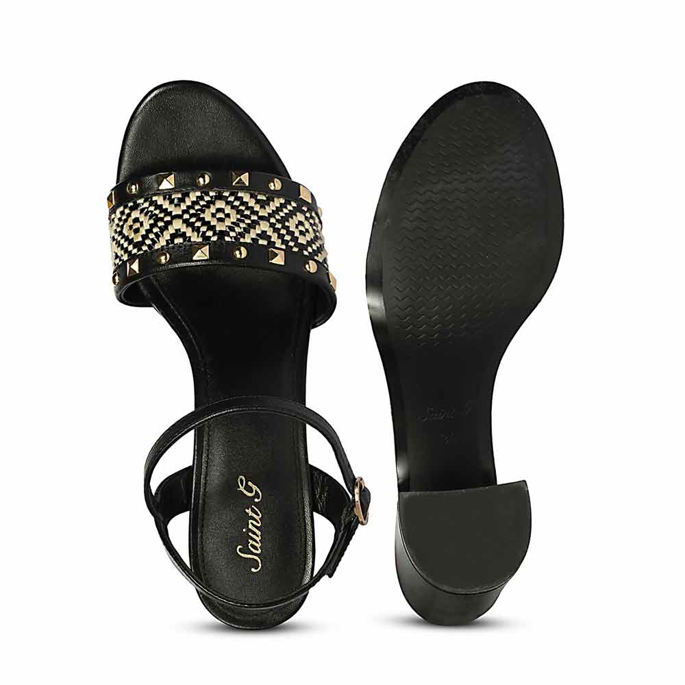Saint Auric Black Leather Rafia Stud Block Heels
