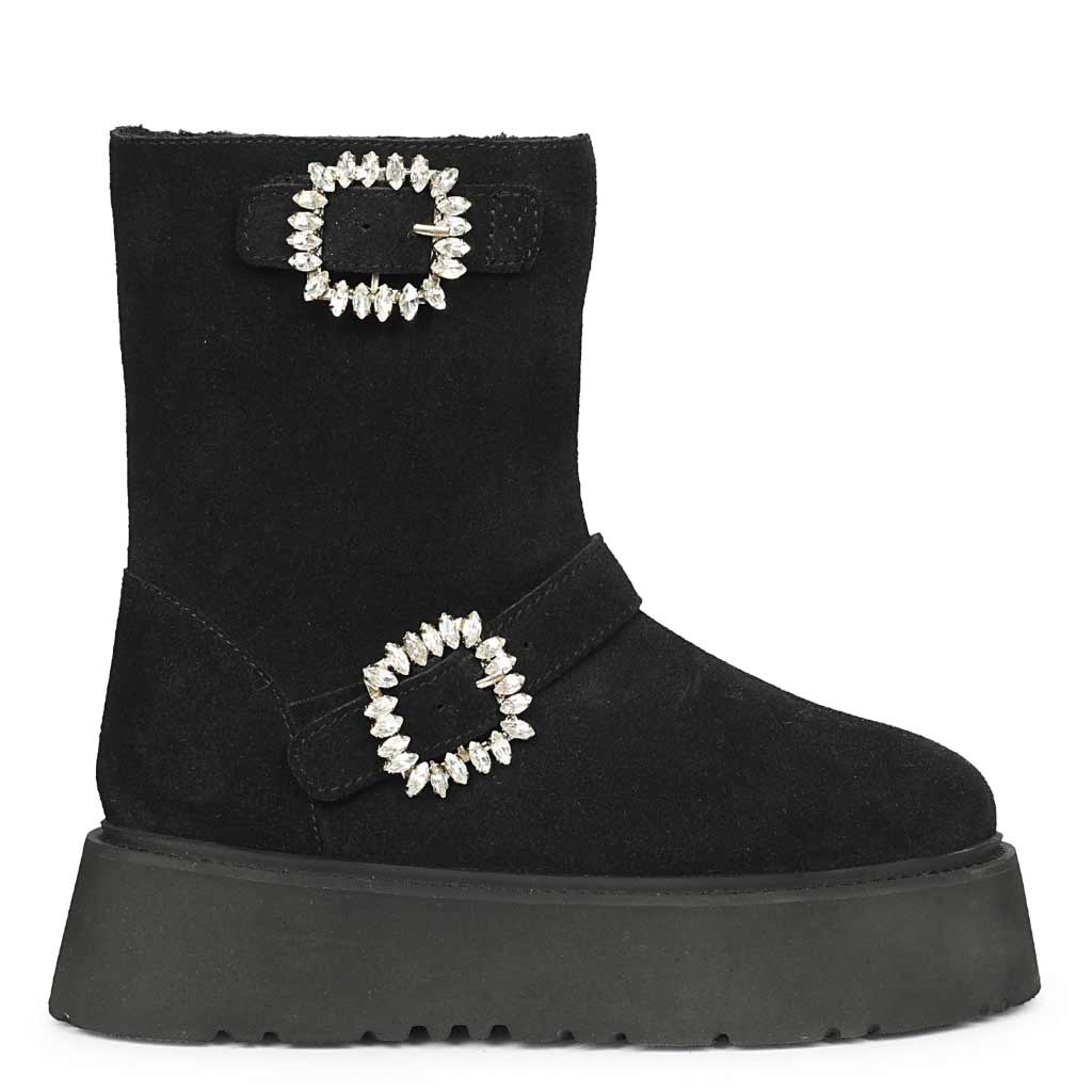Saint Nordova Crystal Buckle Black Suede Leather Snug Boots