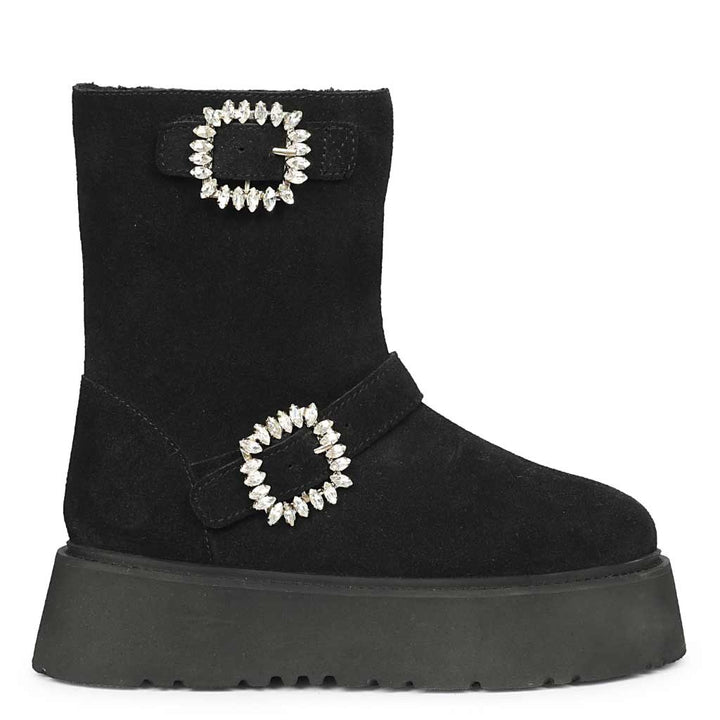 Saint Nordova Crystal Buckle Black Suede Leather Snug Boots