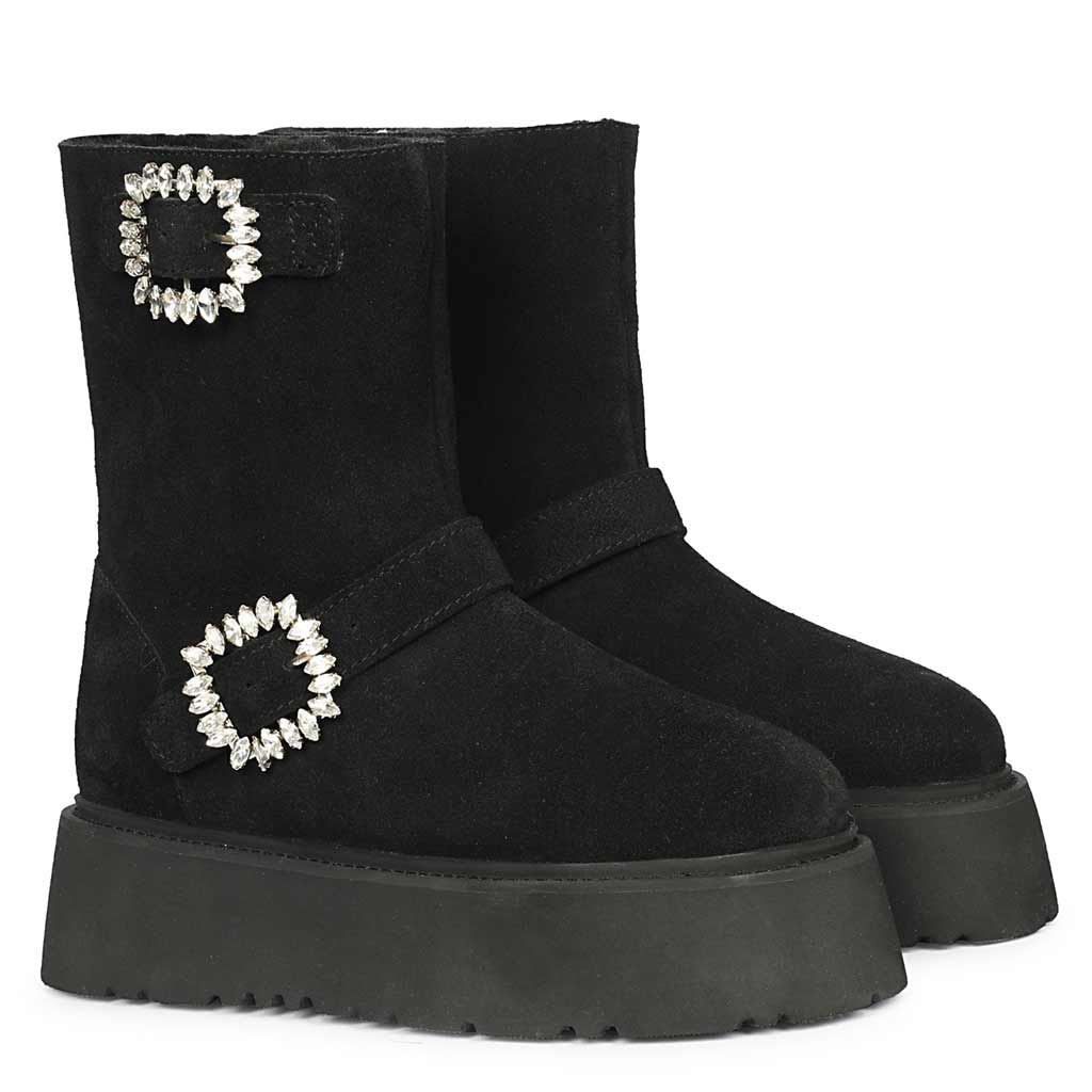 Saint Nordova Crystal Buckle Black Suede Leather Snug Boots