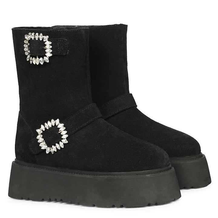 Saint Nordova Crystal Buckle Black Suede Leather Snug Boots