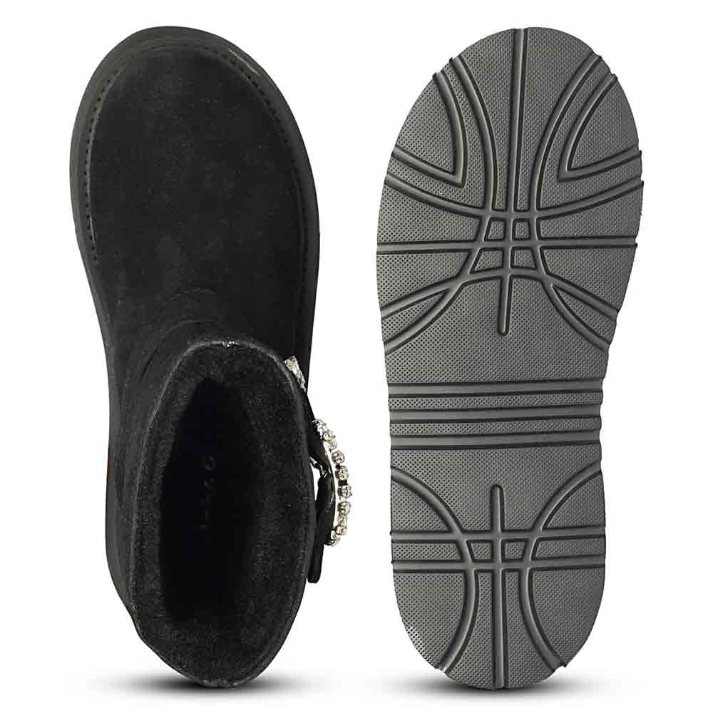 Saint Nordova Crystal Buckle Black Suede Leather Snug Boots