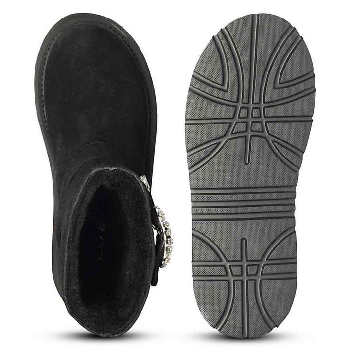 Saint Nordova Crystal Buckle Black Suede Leather Snug Boots